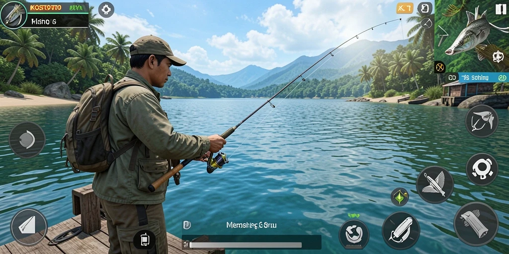 Tampilan gameplay KOSTOTO yang menggambarkan keseruan memancing.