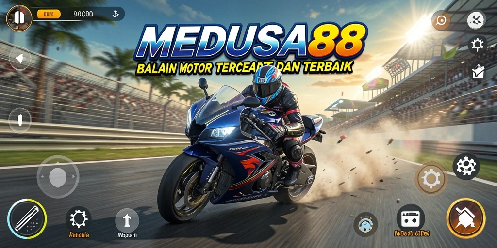 Screenshot utama MEDUSA88 menampilkan aksi balapan motor yang menegangkan.