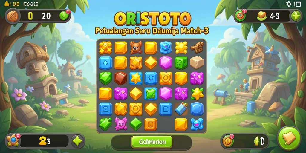 Tangkapan layar gameplay ORISTOTO yang menunjukkan kombinasi item Match-3 yang seru.