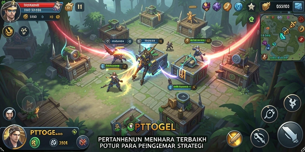 Screenshot gameplay PTTOGEL menampilkan menara pertahanan yang strategis dan serangan musuh.