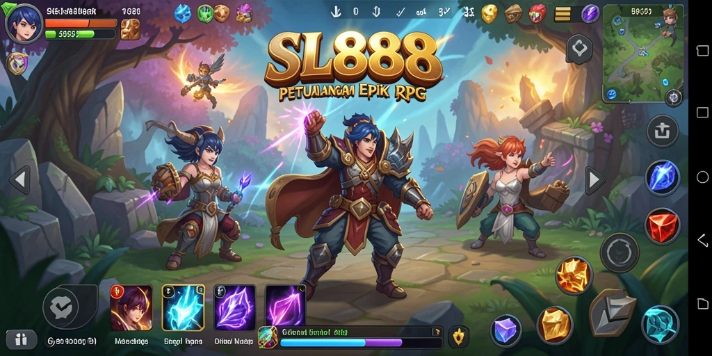 Tangkapan layar utama SL888 menampilkan pertarungan RPG yang mendebarkan.
