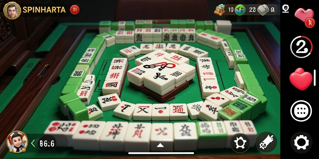 Screenshot gameplay SPINHARTA menampilkan ubin Mahjong yang menarik.